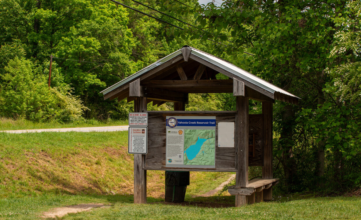 Lake Zwerner and Yahoola Creek Reservoir informational map on a shed.