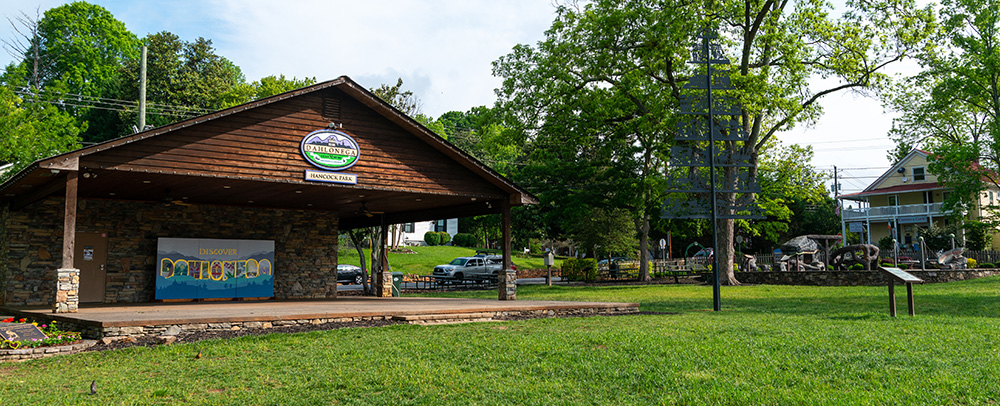 The stage and at Hancock park, with the Gold Mine All Abilities Playground in the background