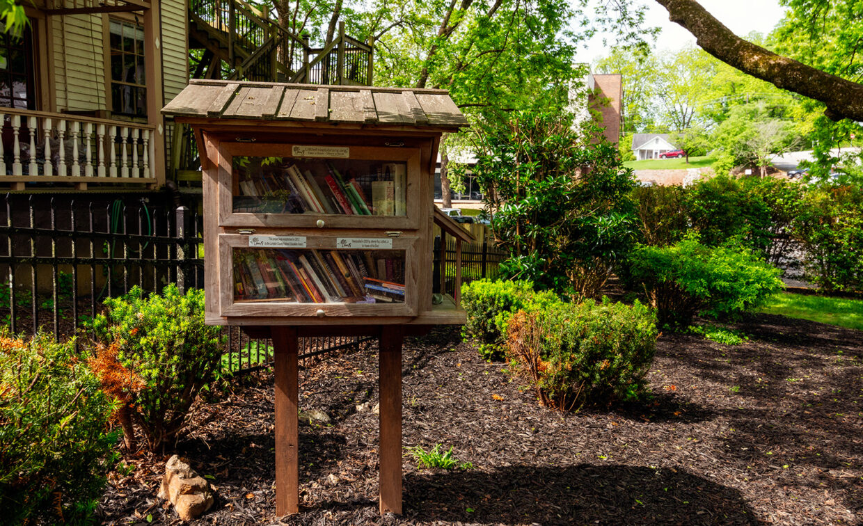 A lending library within the Conner Memorial Garden