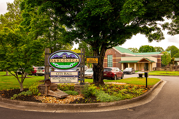 An exterior shot of the city hall building