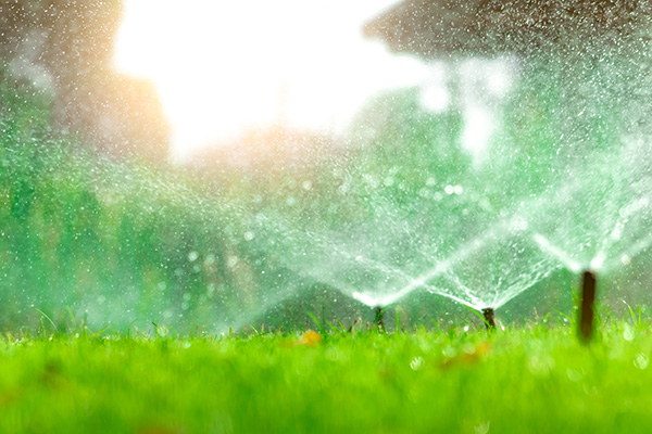 Automatic lawn sprinkler watering green grass. Sprinkler with automatic system. Garden irrigation system watering lawn. Water saving or water conservation from sprinkler system with adjustable head.